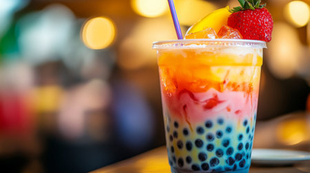 A close-up of a bubble tea cup with a colorful swirl of layers, including tea, milk, and pearls, topped with a vibrant fruit slice and a straw.の素材