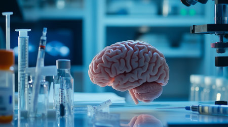 A close-up of a human brain in a laboratory setting, with scientific tools and notes surrounding it, illustrating brain research and neuroscience studies.の素材