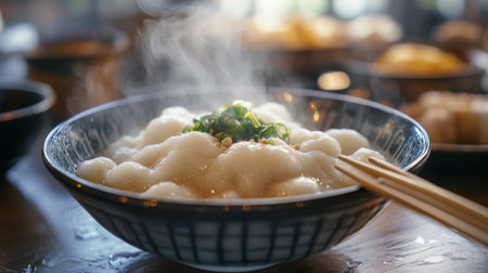 A close-up of a steaming bowl of fluffy, perfectly cooked with a pair of chopsticks resting on the side and a traditional Thai meal setup in the background.の素材