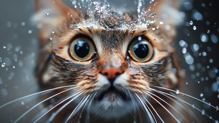 A close-up of a cat face with wide eyes and whiskers wet, as it tries to catch water droplets from a spraying bottle in a playful mannerの素材