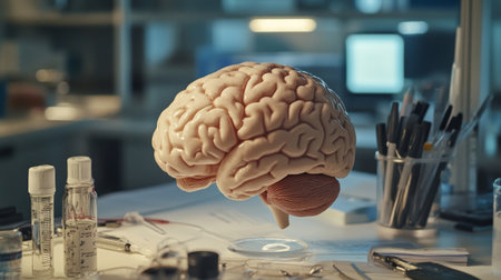 A close-up of a human brain in a laboratory setting, with scientific tools and notes surrounding it, illustrating brain research and neuroscience studies.の素材