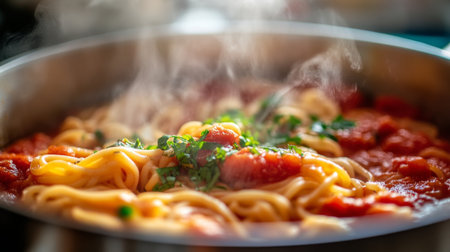 A close-up of a hot pot of pasta with sauce and fresh herbs, with steam gently rising, presented on a clean, white countertop for emphasis.の素材