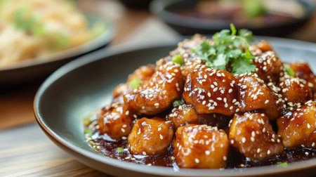 A close-up of a perfectly portioned serving of on a plate, with a sprinkle of sesame seeds or herbs, and a background of a neatly set dining table.の素材