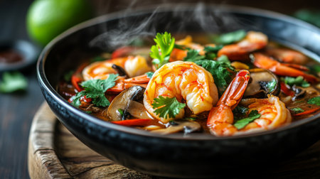 A close-up of a steaming bowl of with vibrant shrimp, mushrooms, and herbs, garnished with cilantro and lime, set on a rustic wooden table.の素材