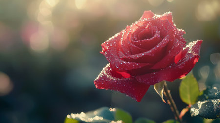 A close-up of a single red rose covered in delicate water droplets, with the petals glistening under soft sunlight, creating a romantic and fresh atmosphereの素材