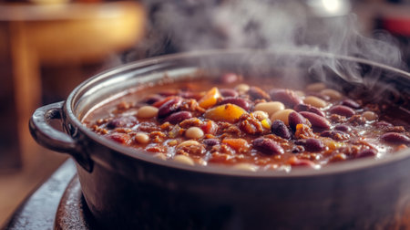 A close-up of a hot pot of chili with beans and meat, with steam wafting out and a focus on the hearty ingredients, set on a rustic kitchen table.の素材