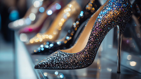 A close-up of trendy high-heeled shoes in a stylish boutique setting, with a focus on the elegant design, shiny leather, and intricate details.の素材