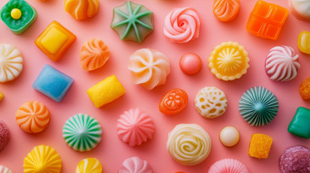 A close-up of an assortment of colorful spread out on a vibrant background, showcasing various shapes and flavors in a bright, enticing display.の素材