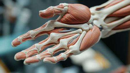 A close-up of the human hand showing detailed anatomy of bones, muscles, and tendons, with a focus on the complexity of its structure and function.の素材