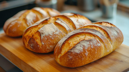 A close-up of freshly baked bread loaves on a wooden cutting board, with a golden crust and soft, fluffy interior, ready to be sliced and enjoyed.の素材
