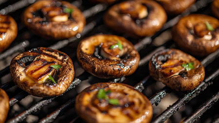 A close-up of mushrooms being grilled on a barbecue, with a focus on the caramelized texture and the grill marks, set against a clean, bright background.の素材