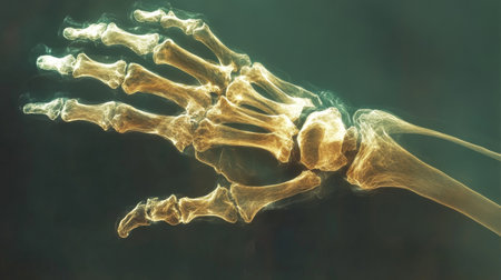 A close-up of an X-ray image showing a human hand with visible bones and joints, with emphasis on the clarity and detail of the skeletal structure.の素材