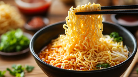 A close-up of instant noodles being lifted from a bowl with chopsticks, with a background of a neatly set table and additional garnishes and sauces.の素材