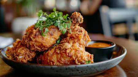 A close-up of fried chicken being served on a plate with a crispy, golden coating, accompanied by a garnish of fresh herbs and a side of dipping sauce.の素材