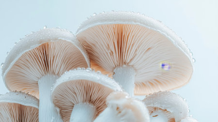 A close-up of fresh, dewy mushrooms with a focus on their intricate gills and smooth caps, set against a clean, white background for a natural look.の素材