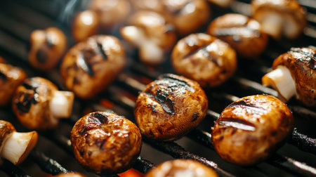 A close-up of mushrooms being grilled on a barbecue, with a focus on the caramelized texture and the grill marks, set against a clean, bright background.の素材