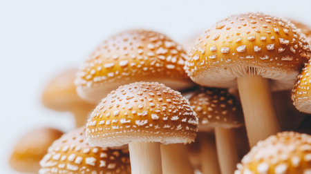 A close-up of fresh, dewy mushrooms with a focus on their intricate gills and smooth caps, set against a clean, white background for a natural look.の素材
