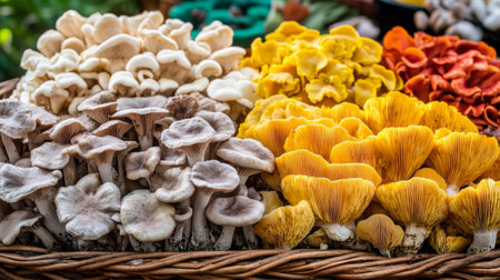 A colorful assortment of gourmet mushrooms displayed in a basket, with a clean, bright background highlighting their unique textures and shapesの素材