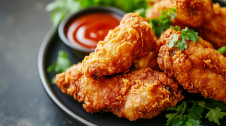 A close-up of fried chicken being served on a plate with a crispy, golden coating, accompanied by a garnish of fresh herbs and a side of dipping sauce.の素材
