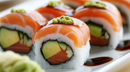A close-up of sushi rolls featuring fresh fish, avocado, and vibrant vegetables, beautifully arranged on a white plate with soy sauce and wasabi.の素材