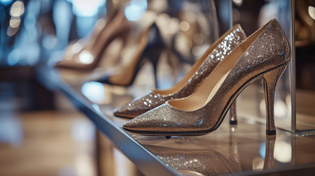 A close-up of trendy high-heeled shoes in a stylish boutique setting, with a focus on the elegant design, shiny leather, and intricate details.の素材