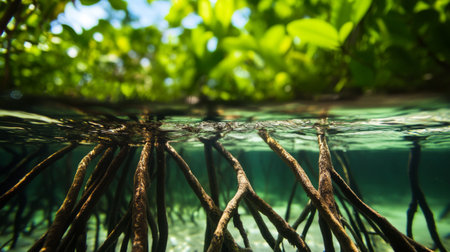 A close-up of mangrove tree roots submerged in water, with their intricate network visible and vibrant green foliage overhead, set against a bright, natural background.の素材