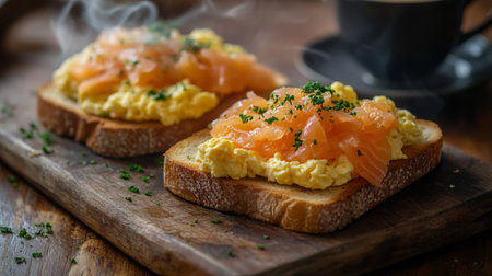 A cozy breakfast scene featuring two slices of toasted bread topped with scrambled eggs and smoked salmon, with a cup of coffee steaming in the background.の素材