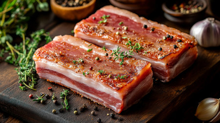 A close-up of raw pork belly slices marinated and ready for grilling, surrounded by fresh herbs, garlic, and spices on a wooden cutting board.の素材
