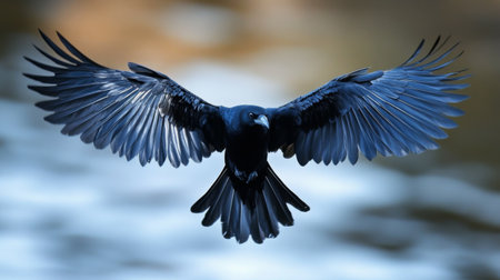 A close-up shot of a bird in mid-flight, with its wings spread wide and feathers clearly visible, capturing the grace and power of the bird flight.の素材