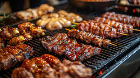 A dynamic image of a barbecue spread featuring various marinated meats, including chicken wings, beef kebabs, and pork ribs, ready for grilling.の素材