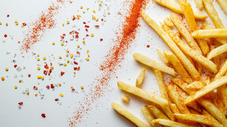 A creative shot of French fries with various seasoning options, like garlic and paprika, arranged artistically on a clean white surface.の素材