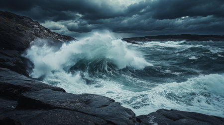 A dramatic scene of waves crashing against a rocky shoreline during a storm, with high winds and dark clouds creating a powerful and turbulent atmosphere.の素材