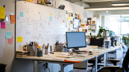 A creative workspace with a whiteboard full of brainstorming sketches and notes, capturing the essence of innovative thinking and idea generation.の素材