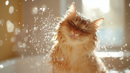 A dynamic scene of a cat shaking water off its fur after a bath, with droplets flying and the cat fur appearing wet and tousled in a bright bathroom.の素材