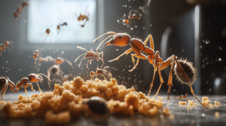 A detailed image of ants crawling on a crumb of food on a kitchen counter, capturing their movement and interaction with the environment.の素材