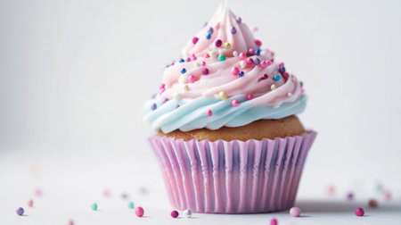 A delightful cupcake with pastel-colored frosting and a decorative sprinkle on top, placed on a white background to emphasize its cute and appealing design.の素材