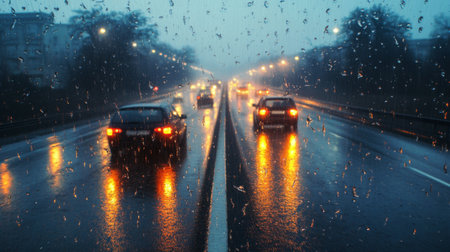 A dramatic scene of a rain-soaked expressway with reflective road surfaces and headlights creating glistening patterns, highlighting the challenging driving conditions.の素材