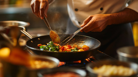 A dynamic shot of a chef preparing Indian cuisine in a kitchen, with spices, ingredients, and cooking utensils, highlighting the preparation of flavorful dishes.の素材