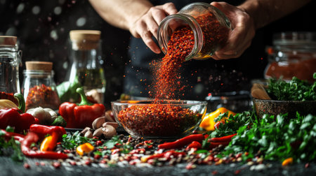 A dynamic scene of a hand pouring chili powder from a glass jar into a mixing bowl, surrounded by fresh ingredients and cooking utensils.の素材