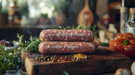 A detailed image of raw sausages on a butcher block, with visible seasoning and spices, ready to be cooked, surrounded by fresh ingredients.の素材