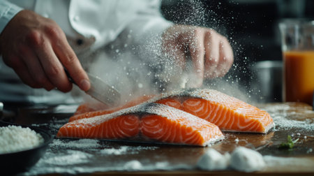 A dynamic scene of a chef preparing salmon in a professional kitchen, with the fish being seasoned and cooked, showcasing the culinary processの素材