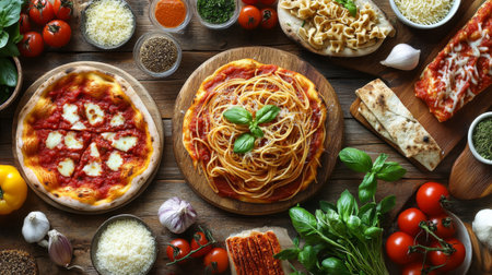A delicious spread of classic Italian dishes, including pasta, pizza, and bruschetta, arranged on a rustic wooden table with fresh ingredients and herbs.の素材