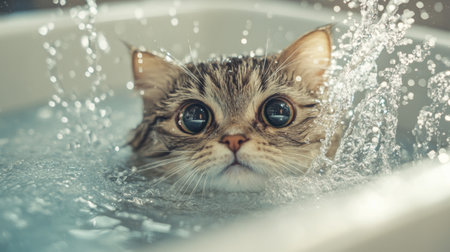 A dynamic shot of a cat's first bath experience, with a mix of curiosity and apprehension as it explores the bath environment, capturing the learning process.の素材