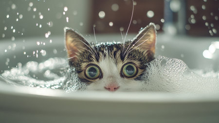 A dynamic shot of a cat's first bath experience, with a mix of curiosity and apprehension as it explores the bath environment, capturing the learning process.の素材