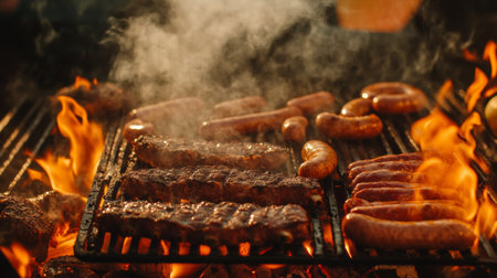 A dynamic shot of a sizzling barbecue grill with various meats, such as sausages, steaks, and ribs, cooking over an open flame, with smoke rising.の素材
