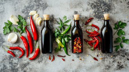 A flat lay of fresh red and green chilies alongside bottles of soy sauce, fish sauce, and vinegar, representing common ingredients in Southeast Asian cuisine.の素材