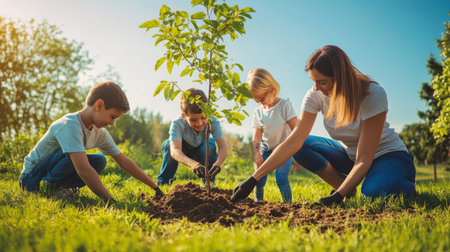 A family planting a tree together in their backyard, with parents and children using shovels to dig the soil and plant the sapling under a clear blue sky.の素材