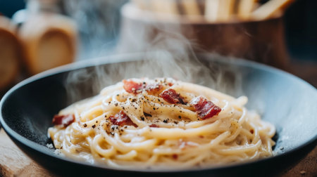A dynamic shot of a steaming plate of spaghetti carbonara, with crispy pancetta, creamy sauce, and a generous amount of black pepper, served in a rustic setting.の素材