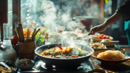 A high-quality image of a breakfast scene featuring being served at a table, with steam rising from the pan and a variety of traditional Thai accompaniments.の素材