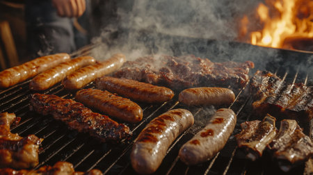 A dynamic shot of a sizzling barbecue grill with various meats, such as sausages, steaks, and ribs, cooking over an open flame, with smoke rising.の素材
